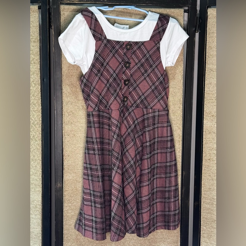 Plaid Button-Front Dress with White Tee Top